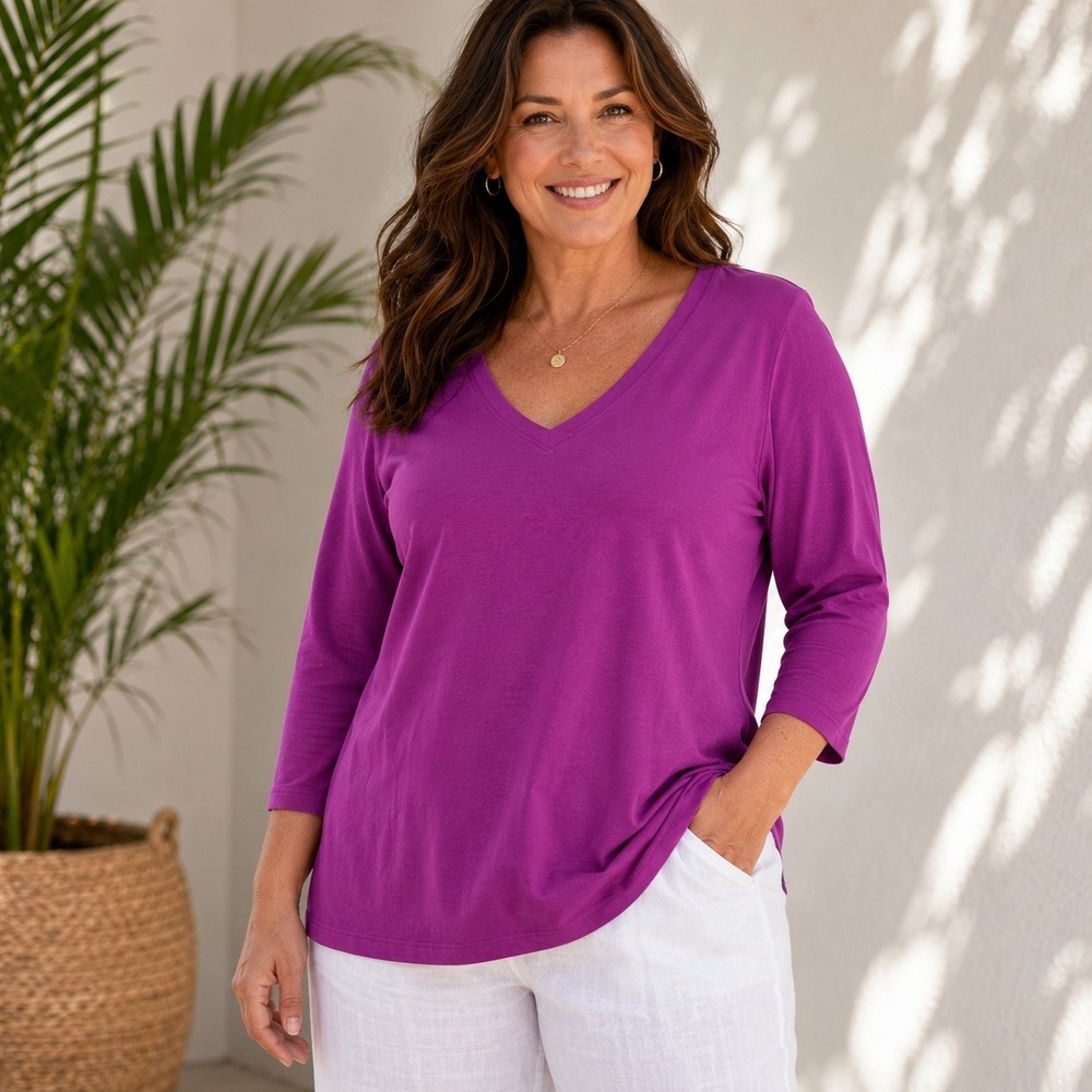 Chicos Size 2 Large Magenta Purple V-Neck Long Sleeve Cotton Stretch Basic Top
